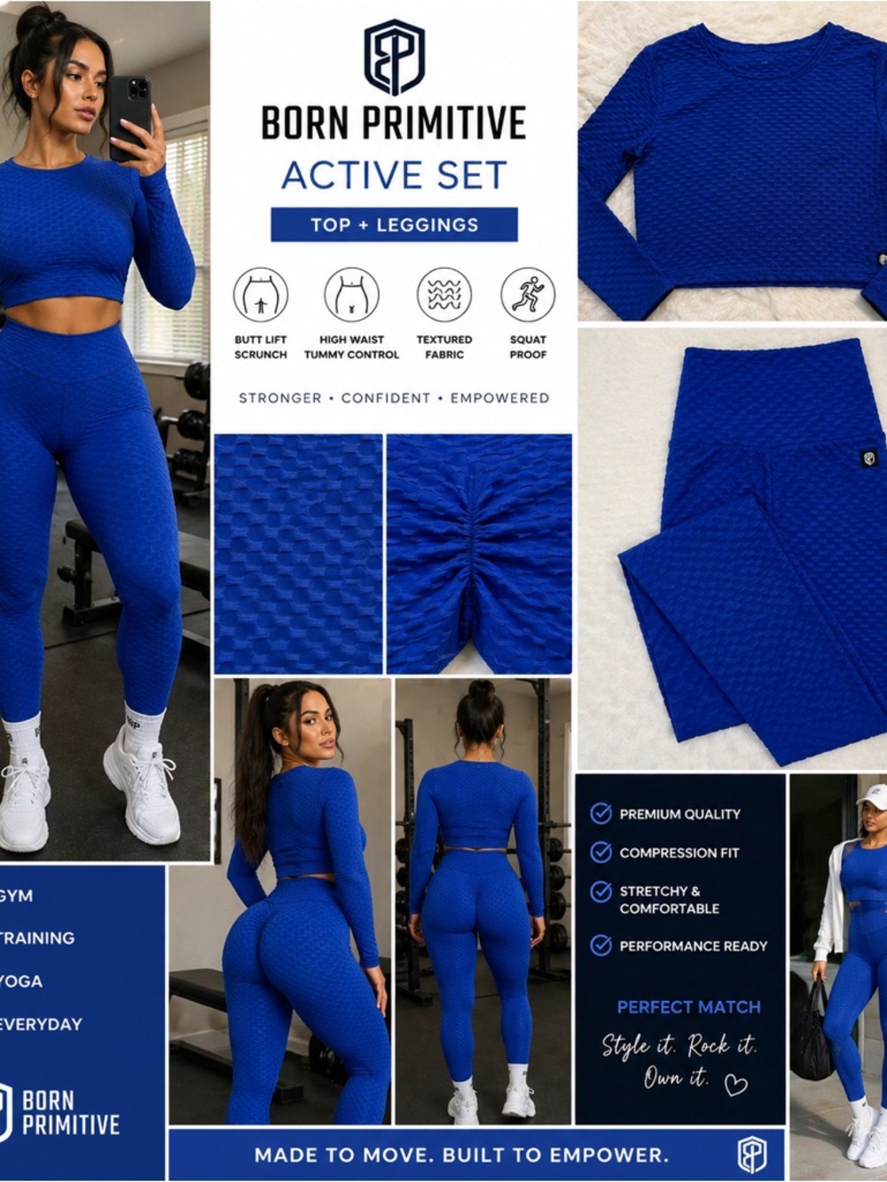 Born Primitive 2 Piece Active Set Blue | Crop Top + Leggings | Scrunch Butt Lift
